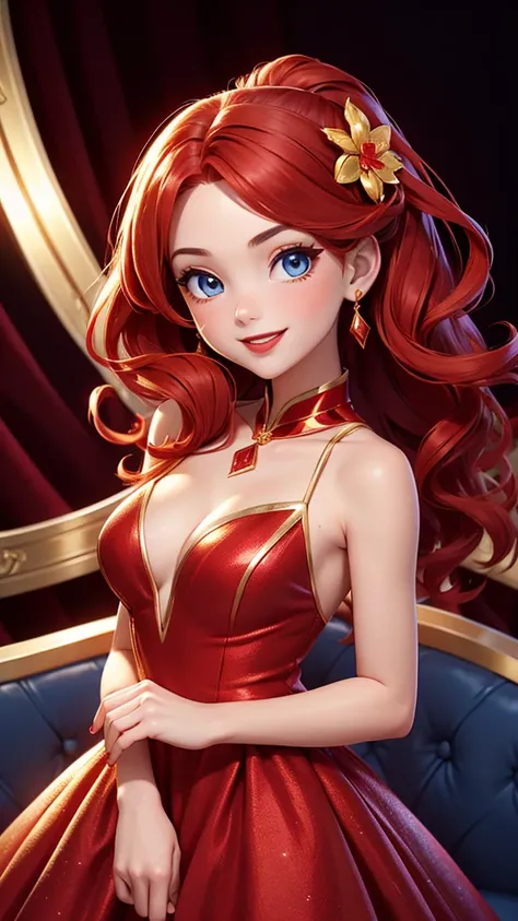 Girl, red dress, gold stripe in the middle of the dress, a shiny gold flower, red hair, blue eyes, and a red lip.smile ,,Cheerful girl,crystalline dress