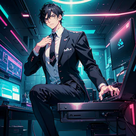 Create an anime art style of A Full Body Portrait of a 30-year-old handsome guy, with black hair and a strong jawline that clearly visible, wearing  with blazer, tie and white sport shoe, sitting on inside of a neon-lit computer gaming cafe, wearing gaming...