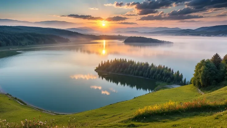 Dramatic morning scene of Lacu Rosu lake. Misty summer sunrise in Harghita County, Romania, Europe. Beauty of nature concept background.
