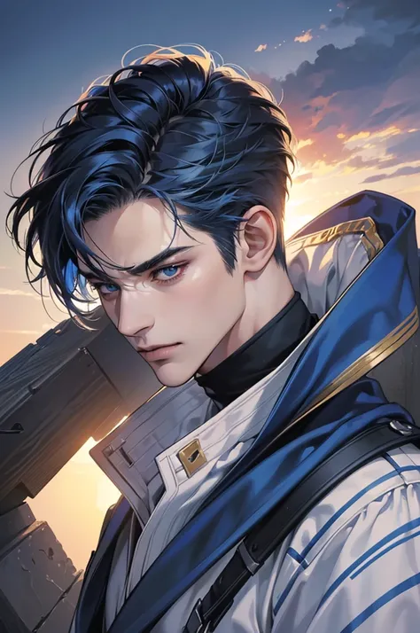 (Highest quality,4K,8K,High resolution,masterpiece:1.2),Super detailed,(Realistic,photoRealistic,photo-Realistic:1.37),30-year-old male,Handsome Anime,Portraiture,strong,Masculine,Dark blue hair,Sharp jawline,Captivating eyes,Perfectly styled hair,short ha...