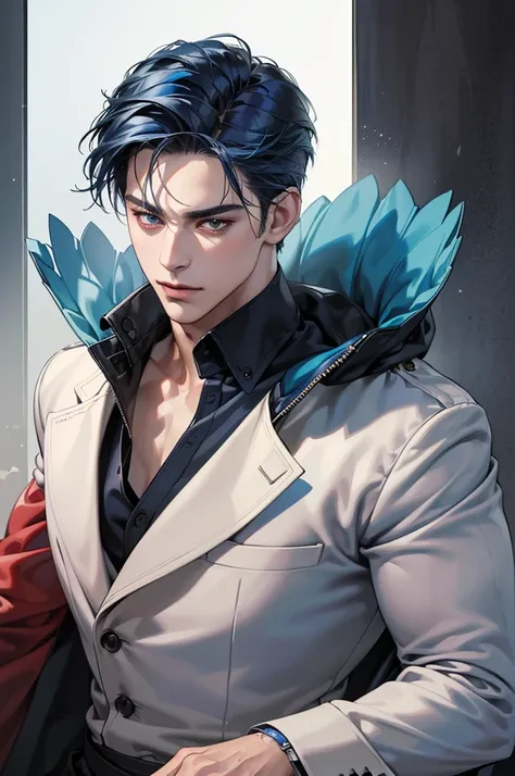 (Highest quality,4K,8K,High resolution,masterpiece:1.2),Super detailed,(Realistic,photoRealistic,photo-Realistic:1.37),30-year-old male,Handsome Anime,Portraiture,strong,Masculine,Dark blue hair,Sharp jawline,Captivating eyes,Perfectly styled hair,short ha...