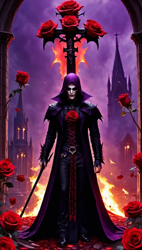 （Messenger from hell：1.4），cross，a huge vampire，Sickle seen from below，hell，magma，flame，（purple flame：1.3），There is fresh blood on the ground，blood pool，dripping blood，Gothic aesthetic，bat、Rose、castle、cross、blood、church cemetery，The mystery of gothic style、...