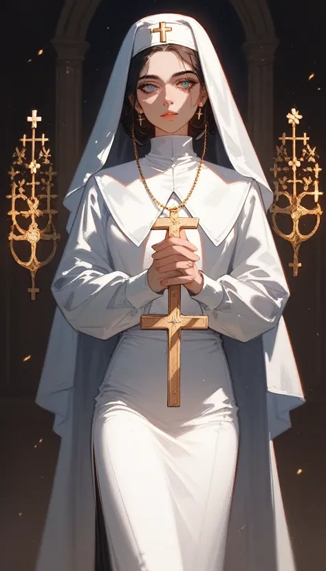 (Fraction_9,Fraction_8_Direction_7_up),1 a woman,（（（bust）））,game character，Priest，nun，hair，Bible in hand，White clothes，Gold decoration，Long legs，Short skirt，