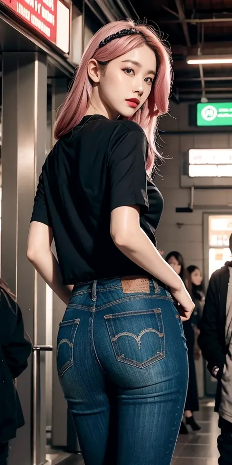 (masterpiece), (best quality), (Highres), Detailed, (Inricate Details 1.2), (Hyper Detailed 1.4), (Ornate Digital Art 1.2), absurdres, 1girl, small breasts, ass, hair ornaments, solo, pink hair, (black shirt:1.3), jeans, (train station:1.2) running, thighs...