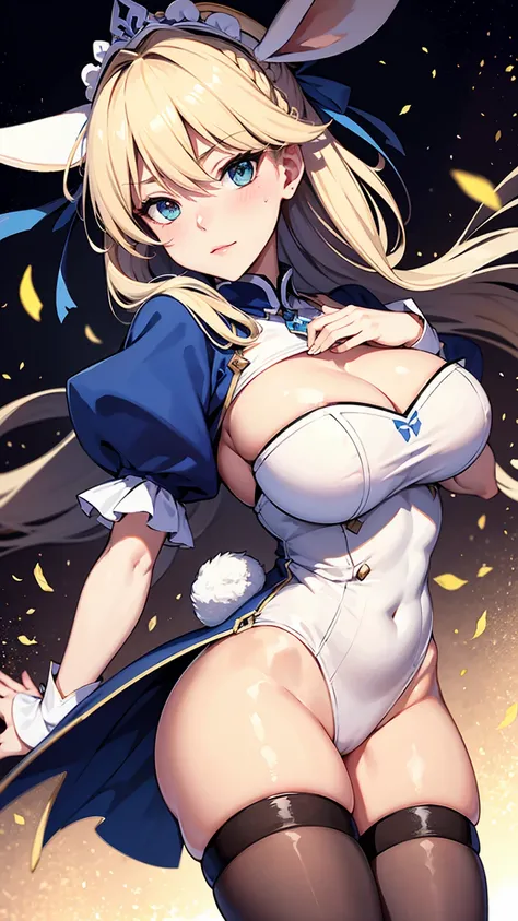 Rabbit Arturia&#39;s hairstyle, Artoria the Rabbit Cosplay Costume, One girl, Pectoral muscle, alone, Blonde, Green Eyes, French Braidings, Long Hair, Big ample breasts, Cleavage, ponytail, Side Lock, Bans, belly button, Looking up at the viewer, Bare shou...