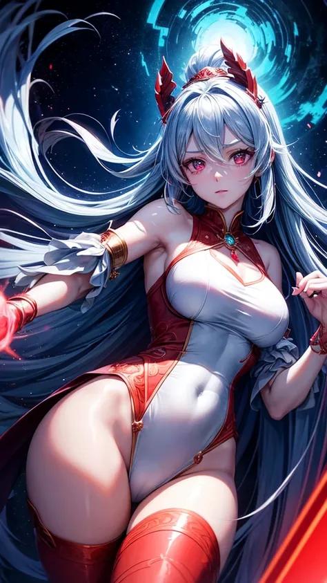 The goddess faces forward and holds out her hands、A red light on the right、　With a blue light in his left hand、Asking which one to choose。　Anime Images