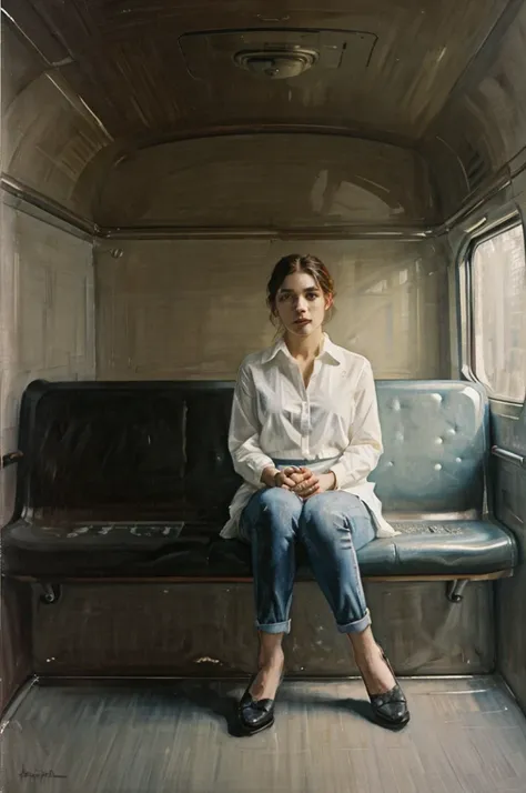 painting of a woman sitting in a subway car ((one woman only)) ((woman dressed in white)) modern dress, modern jeans pants, actu...