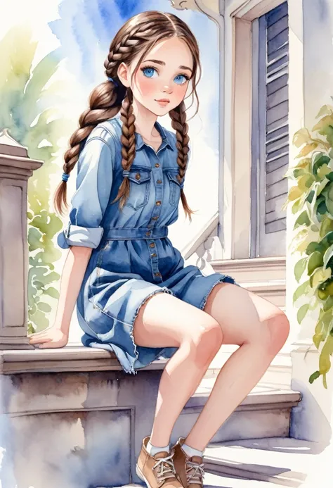 watercolor drawing, a beautiful  with brown hair and blue eyes, She wears denim dress, she wears braids in her hair, she is sitting on a stair railing,  Legs open, she seems to be having fun