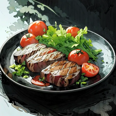 there is a delicious tenderloin steak and baked potatoes served on a hot black plate with slices of baked tomatoes and some gree...