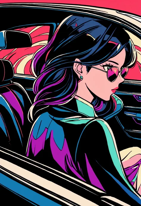 Girl，((student))，Black Hair，Sitting in the back of a luxury car，Wearing sunglasses，((Wave))，Rich colors，Illustration style