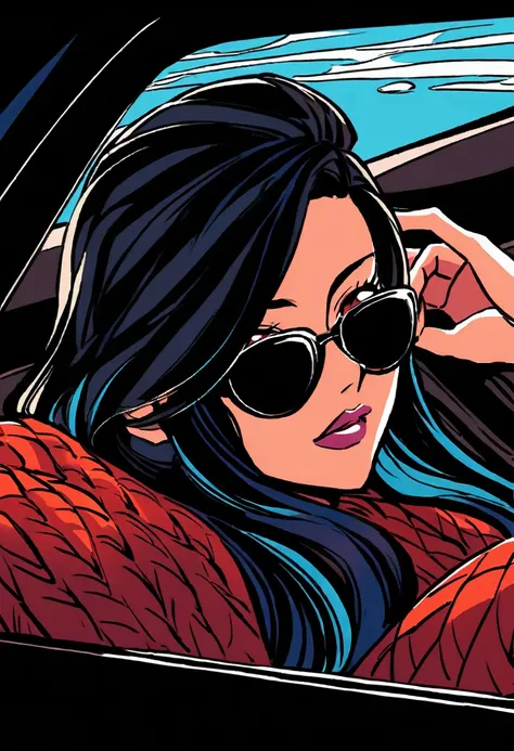 Girl，((student))，Black Hair，Sitting in the back of a luxury car，Wearing sunglasses，((Wave))，Rich colors，Illustration style