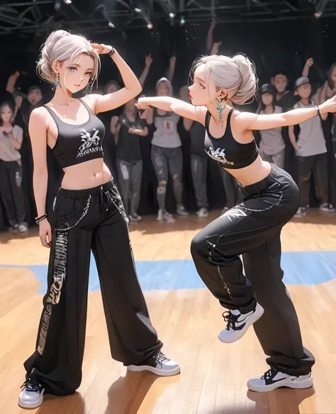 8K,gal，an extremely delicate and beautiful,Beautiful and realistic skin,Shiny jewel-like earrings,Long silver hair,beautiful eyes,full body,head to toe,beautiful regs,skiny pants,tank top,hip hop dance