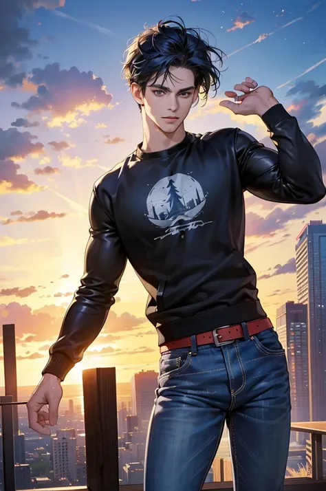 (Highest quality,4K,8K,High resolution,masterpiece:1.2),Super detailed,(Realistic,photoRealistic,photo-Realistic:1.37),30-year-old male,Handsome Anime,Portraiture,strong,Masculine,Dark blue hair,Sharp jawline,Captivating eyes,Perfectly styled hair,Medium H...