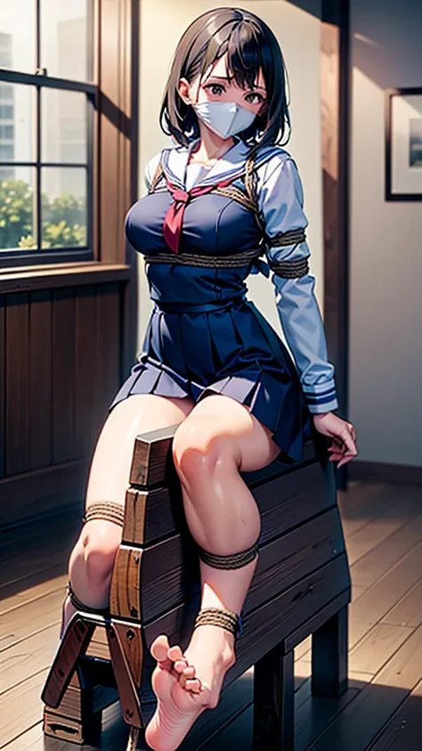 (Highly detailed CG Unity 8k), (Highest quality)，(Very detailed)，(Ultra-high resolution), 1 female, white cloth gag, uniform, Sailor suit, Rope Bondage, breasts Rope Bondage, hands back Rope Bondage, leg Rope Bondage, thigh Rope Bondage, bust Rope Bondage,...