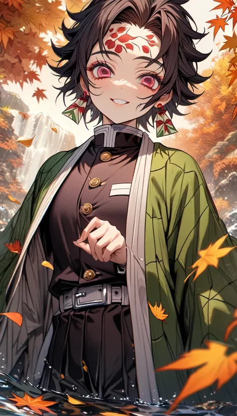 Super detailed, High resolution, Absurd, High resolution, masterpiece, tanjiro kamado, Burgundy tip、Wavy black hair, short hair, Expressive dark red eyes, Hanafuda Earrings, Kimetsu no Yaiba, water, autumn, petal, Orange and yellow leaves,  alone, good loo...