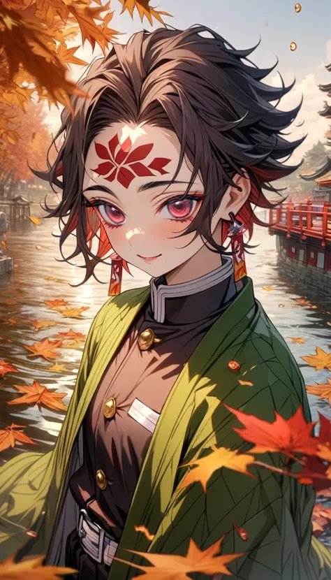 Super detailed, High resolution, Absurd, High resolution, masterpiece, tanjiro kamado, Burgundy tip、Wavy black hair, short hair, Expressive dark red eyes, Hanafuda Earrings, Kimetsu no Yaiba, water, autumn, petal, Orange and yellow leaves,  alone, good loo...