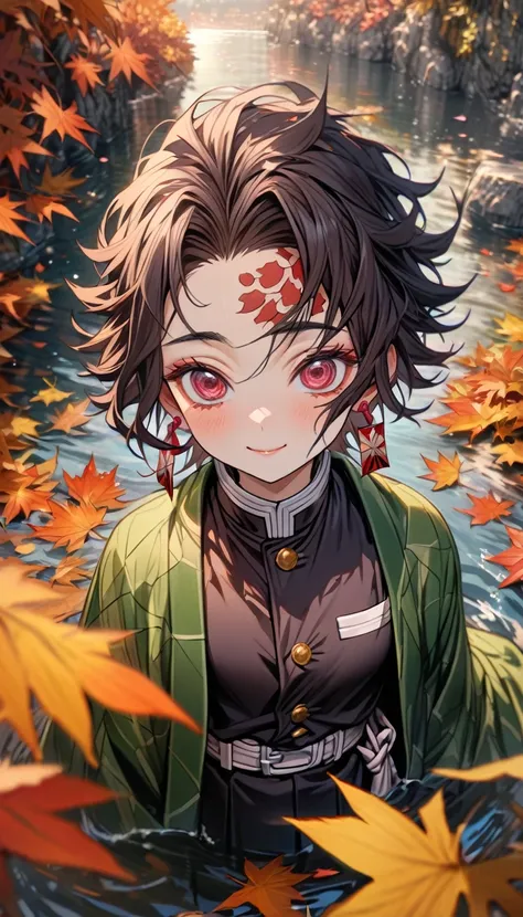 Super detailed, High resolution, Absurd, High resolution, masterpiece, tanjiro kamado, Burgundy tip、Wavy black hair, short hair, Expressive dark red eyes, Hanafuda Earrings, Kimetsu no Yaiba, water, autumn, petal, Orange and yellow leaves,  alone, good loo...