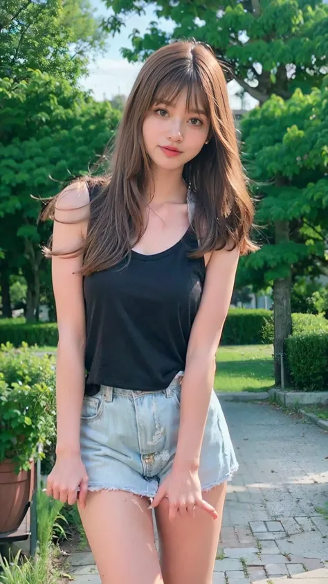 open shirt, (((leaning forward))), ((,round face, around 17 years old,mini skirt、a loose-fitting tank top)),  long hair, , natur...