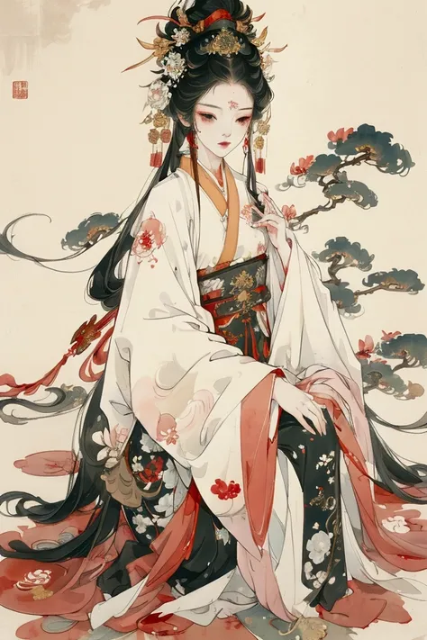 Anime girl kneeling on the ground，His face was covered in blood, palace ， Girl wearing Hanfu, Anime girl squatting, Beautiful anime girl squatting, Beautiful character painting, Gu Weiss, Chinese painting style, Onmyoji detailed art, Wearing Chinese clothe...