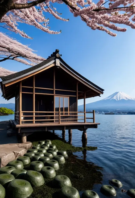 A hut on the lakeside with a view of Mt. Fuji、The pillars are made of black and white seaweed rolls.、The roof is made of matcha warabimochi、The rest are made of Japanese sweets.。Cherry blossoms falling in the morning sun。