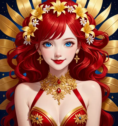 Girl, red dress, gold stripe in the middle of the dress, a shiny gold flower, red hair, blue eyes, and a red lip.smile ,,Cheerful girl,crystalline dress