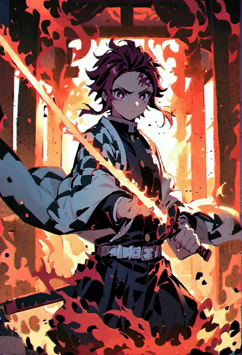 tanjiro kamado, demon slayer anime, focus of weapons，bright redhead, glowing red eyeballs，intricate tattoos，(with a flaming swor...