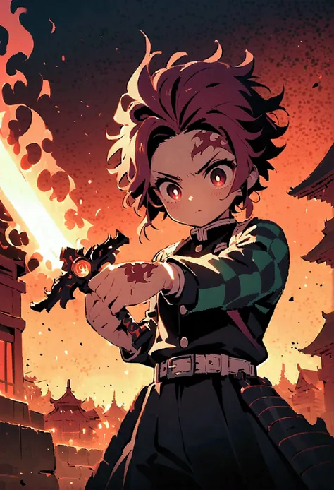 tanjiro kamado, demon slayer anime, focus of weapons，bright redhead, glowing red eyeballs，intricate tattoos，(with a flaming swor...