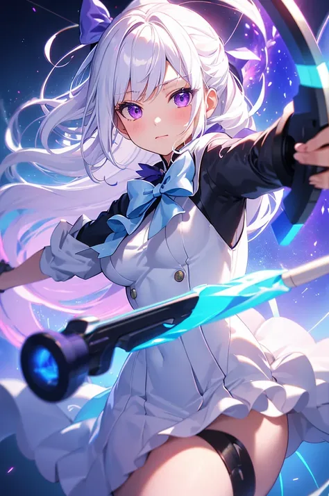 (masterpiece, best quality, chromatic aberration), colorful, 1girl, white hair, purple eyes, bow, wielding bow, archery, blue flames, glow, glowing weapon, light particles,