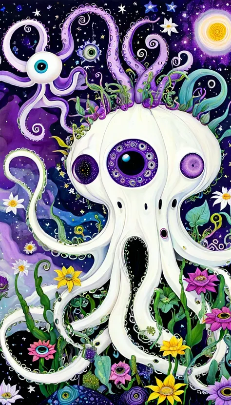 &quot;Dick Ellescas Artist Style&quot;,house，plant，flower，Tentacles，eyeball、Starry Sky，Stitching together an abstract painting，Describing the inner world of autistic people，Sense of space，White Space，interesting，Innocence，Psychedelic Art，Purple theme