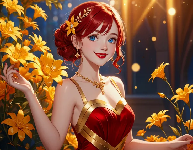 Girl, red dress, gold stripe in the middle of the dress, a shiny gold flower, red hair, blue eyes, and a red lip.smile ,,Cheerful girl,crystalline dress