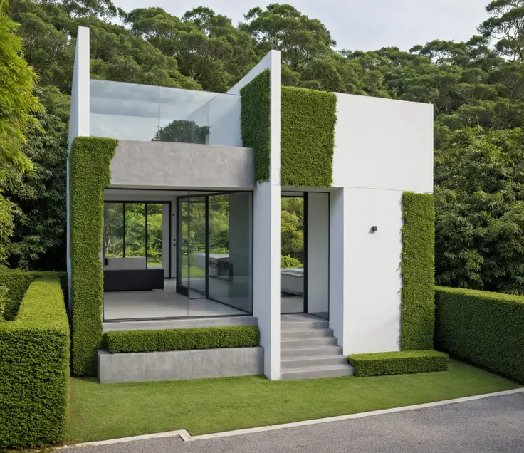 A wide angle shot shows the front view of a contemporary two-story villa with white walls and glass windows, design by Tadao ando,surrounded by lush greenery, adorned with vibrant tropical plants,architecture photography award, iwan baan, Taken on a Canon ...