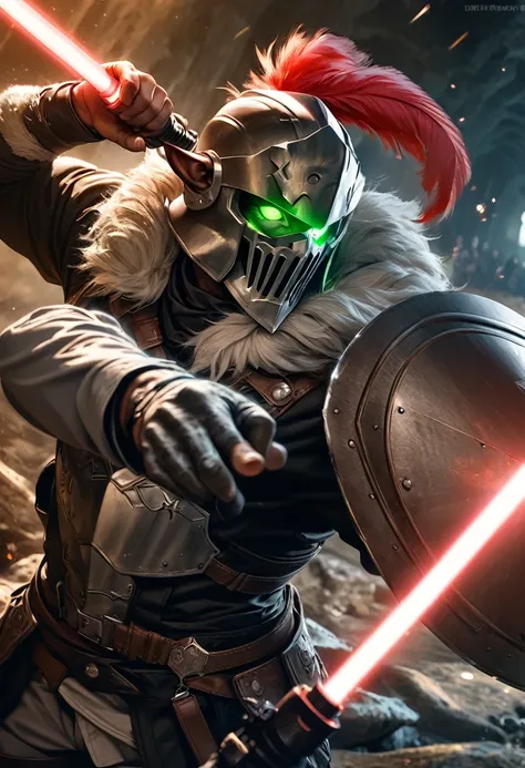 perfect hands, perfect finger,perfect anatomy, masterpiece, best quality,realistic, hyperrealistic, 16k hdr,1 muscular man,,goblin slayer, armor, helmet, green glowing eye, plume, fur collar, (Lightsabers,shield:1.4),fantasy world,outdoor,fighting pose,dyn...