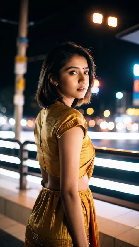 (Cinematic Aesthetic:1.4) Photo of a beautiful Indian Tamil young woman wearing modern clothing bokeh city night