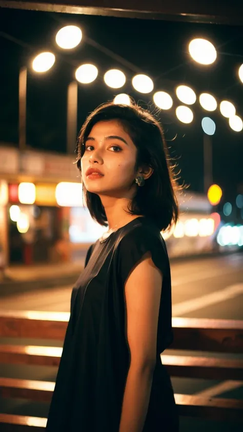 (Cinematic Aesthetic:1.4) Photo of a beautiful Indian Tamil young woman wearing modern clothing bokeh city night