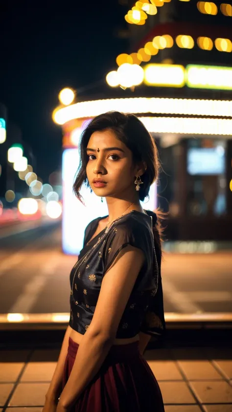 (Cinematic Aesthetic:1.4) Photo of a beautiful Indian Tamil young woman wearing modern clothing bokeh city night