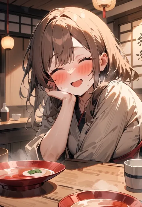 masterpiece, best quality, very aesthetic, absurdres, newest, 1girl, solo, asymmetrical bangs, tareme, blush, drunk, long hair, smile, open mouth, indoors, brown hair, closed eyes, :d, cup, ^ ^, alcohol, sakazuki, sake