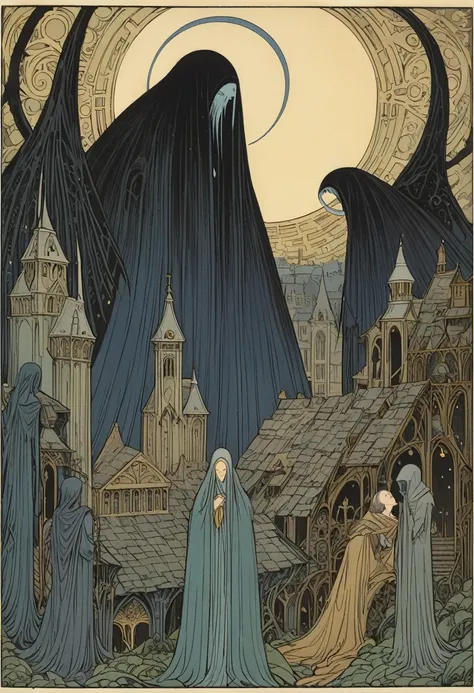 Ringwraiths in a Sleeping Town，Dorothy Lassrop (Dorothy Lathrop) absorb，Aaron Horkey&#39;s painting depicts，神秘风景absorb影,Luminous oil painting style，IncRedible futuristic images appear on the Miracle Stone， There is a lot of suspense, Dark, atmosphere, Dark...