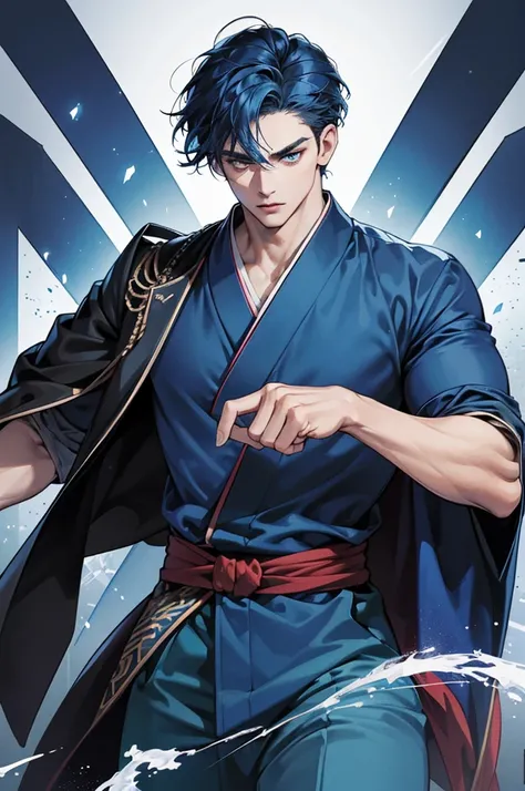 (Highest quality,4K,8K,High resolution,masterpiece:1.2),breast enhancement,30-year-old male,Handsome Anime,No background,strong,Masculine,Dark blue hair,Sharp jawline,Captivating eyes,Perfectly styled hair,Medium Hair,kimono,Blue clothes,Confident expressi...