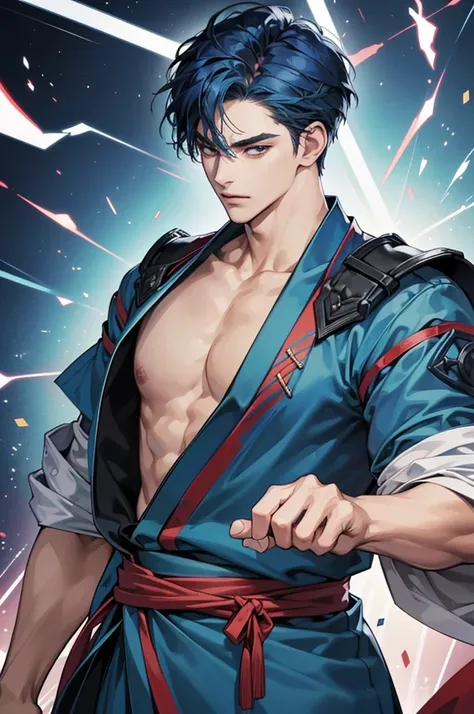 (Highest quality,4K,8K,High resolution,masterpiece:1.2),breast enhancement,30-year-old male,Handsome Anime,No background,strong,Masculine,Dark blue hair,Sharp jawline,Captivating eyes,Perfectly styled hair,Medium Hair,kimono,Blue clothes,Confident expressi...