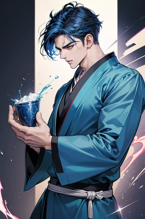 (Highest quality,4K,8K,High resolution,masterpiece:1.2),breast enhancement,30-year-old male,Handsome Anime,No background,strong,Masculine,Dark blue hair,Sharp jawline,Captivating eyes,Perfectly styled hair,Medium Hair,kimono,Blue clothes,Confident expressi...