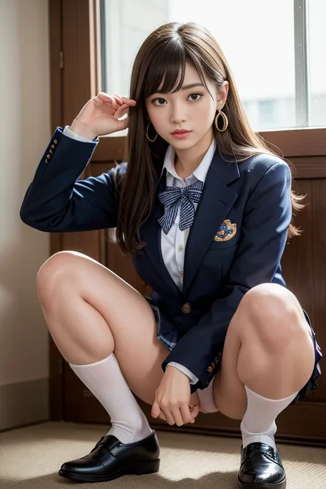 Dark blue high socks　Magic Mix Real、(RAW Photos:1.2)、(Realistic:1.4)、The beauty of beautiful details　Delicate expression、blonde、((No pants:1.3))、(squat)、Earrings　Bad Eyes、Large file size、Super detailed、High resolution、Transcendental beauty　Highest quality、...