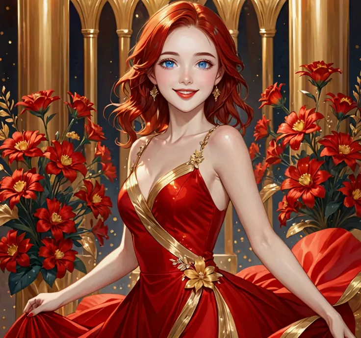 Girl, red dress, gold stripe in the middle of the dress, a shiny gold flower, red hair, blue eyes, and a red lip.smile ,,Cheerful girl,crystalline dress