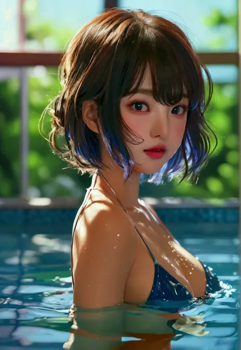 table top, best quality, illustration, very detailed, in detail, highest resolution, 8K wallpapers, back, Im sticking my butt out, A view looking up from below, Pool Background, Fully dynamic configuration, beautiful detailed eyes, swimsuit, random cute ha...