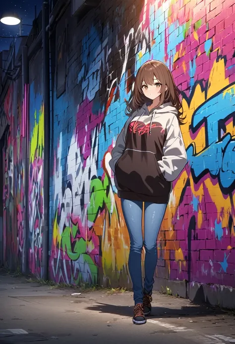  girl.Brown hair and hazel eyes.Wearing a hoodie and jeans.Painting on a wall at night.Graffiti art 