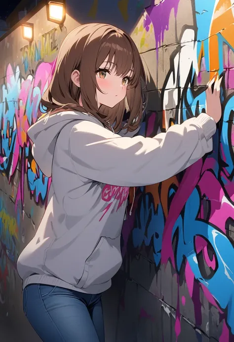  girl.Brown hair and hazel eyes.Wearing a hoodie and jeans.Painting on a wall at night.Graffiti art 