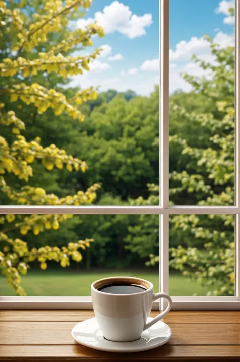 Cup of coffee in front of a window with a summer background