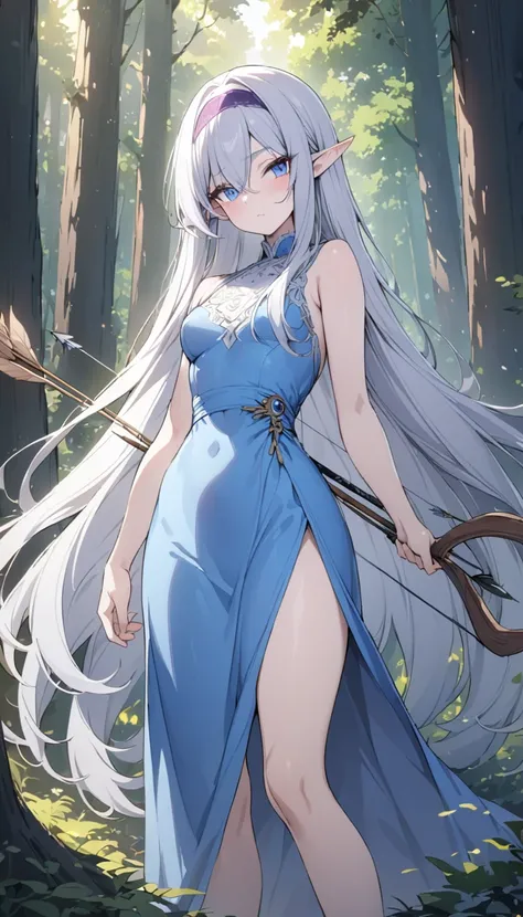 ((silver hair)), highly detailed face and eyes, (very long hair, straight hair), jewelry, purple hairband, long pointy ears, anime, masterpiece, textured skin, (super detail), award winning, (best quality), elf, in forest, Sunbeams filtering through the tr...