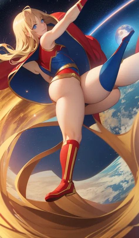 Supergirl in action pose, flying in the space, planets in the background, perfect costume, upturned buttock, back angle view, extremely blond hair, smooth curves, red cape, extremely beautiful blue eyes, beautiful smile 