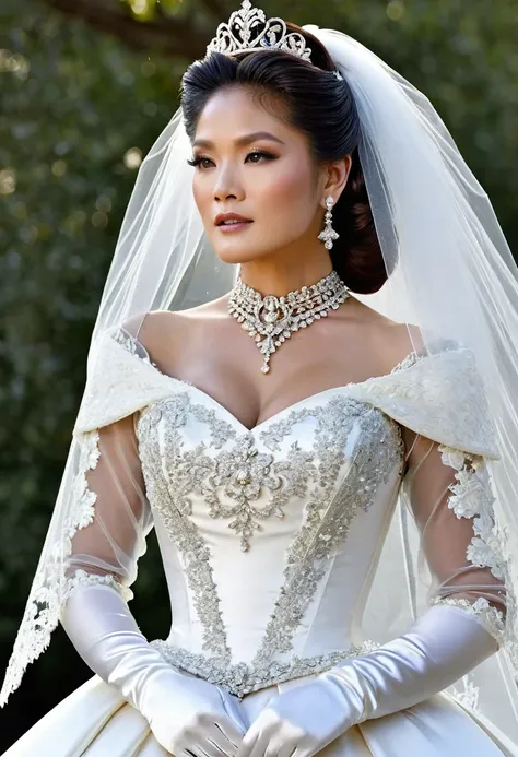 Julie Chen Moonves modeling in a majestic, outdoor setting, adorned in a shimmering white satin bridal gown boasting a voluminous princess skirt, an elongated trail, a harmoniously fascinating veil, and an intricately laced and diamond-encrusted bodice wit...