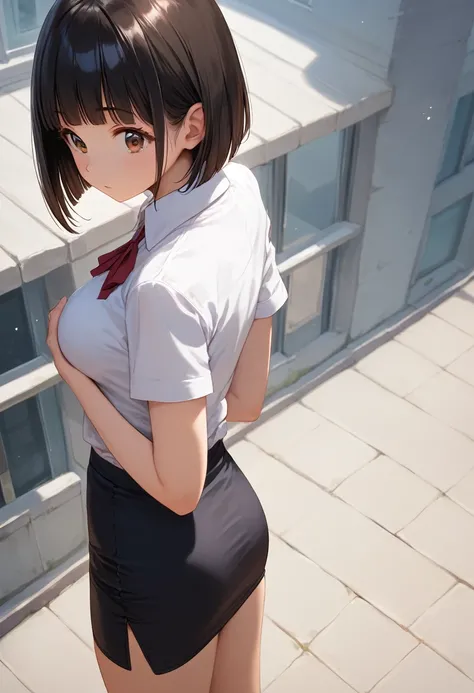 score_9,score_8_up,score_7_up,masterpiece,best quality, source anime, realistic, super detailed, extreme detailed, rating_safe,
1girl, Looking down from the roof of a tall building, from above,
BREAK girl, 22yo, short hair, bob cut, (blunt bangs), black ha...